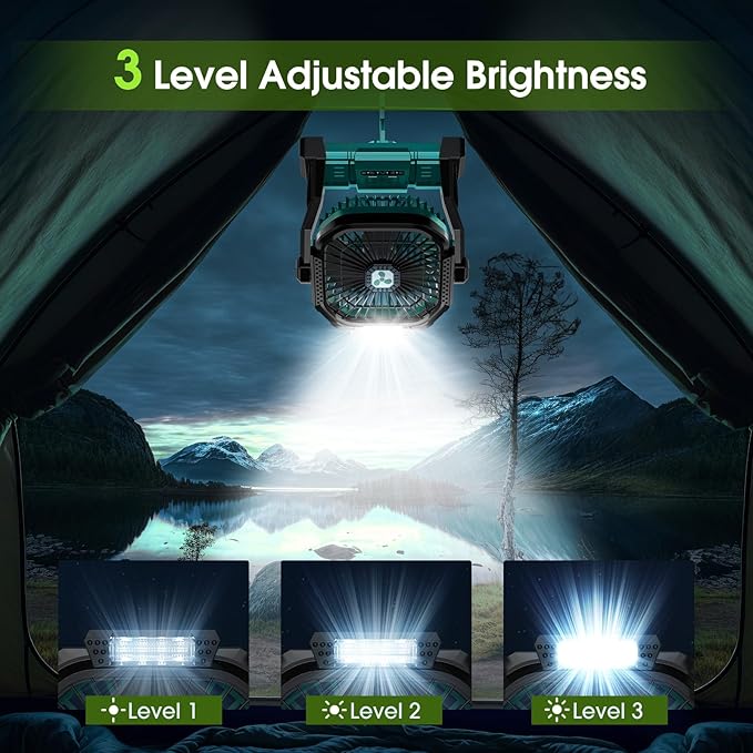 Portable Rechargeable Fan, 20000mAh Cordless Battery Powered Camping Tent Fans with LED Lantern, Small USB C Operated Outdoor Ventilador for Travel Camp Fishing Picnic Bedroom Power Outage Emergency