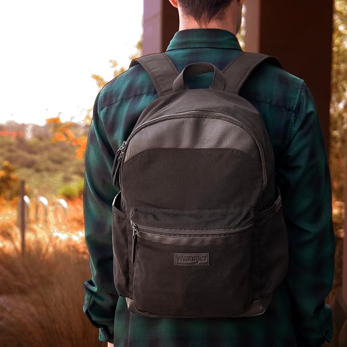 Wrangler Powell Backpack for Travel Classic Logo Water Resistant Casual Daypack for Travel with Padded Laptop Notebook Sleeve (Black)