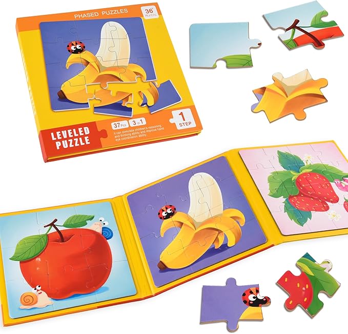 ASTARON Magnetic Puzzles for Toddlers, 9-12-16 Pieces Fruits Learning Magnet Puzzles for Road Trip, Educational Travel Toys Car Plane Activities for Kids, Kids Birthday Gifts