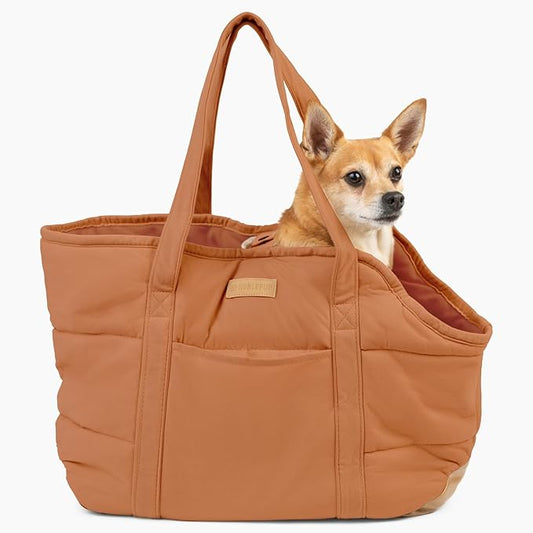 NoblePup Plush Dog Purse Carrier for Small Dogs, Soft Dog Tote Bag with Safety Harness Clip, Cozy Pet Carrier for Dogs Under 15 lbs, Comfortable Dog Shoulder Carrier for Travel, Brown