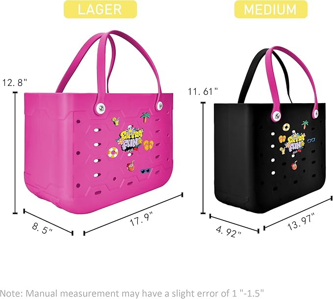 2-Piece Tote Bag Set, Waterproof Rubber Beach Bag with Summer Pattern, Medium & Large Handbag for Pool, Beach, Boat