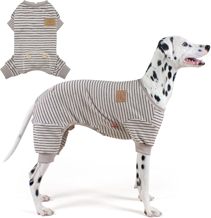 KYEESE Dog Pajamas, Striped Pet PJS Lightweight Doggie Jammies, 4 Legs Outfit Soft Dog Pajamas, Cozy Pet Clothes Onesie, Comfortable PJS for Large Dogs, Ivory Brown Striped, 3XL