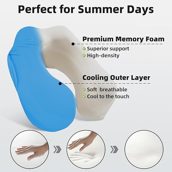 Cooling Fabric Privacy-Friendly Neck Pillow for Kids & Adults, Sensory-Friendly Memory Foam Hooded Pillow for Airplane, Portable, Ultimate Comfort Travel Gifts(Summer)