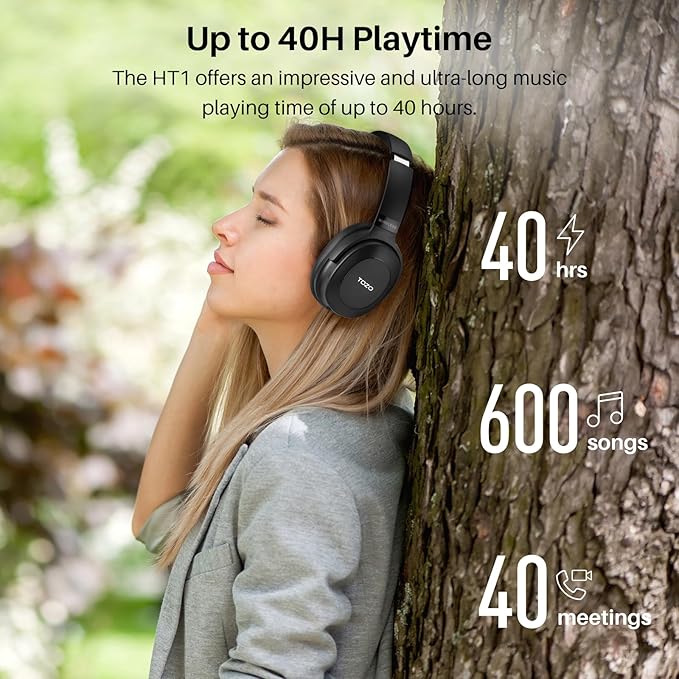 TOZO Hybrid Active Noise Cancelling Headphones, Wireless Over Ear Bluetooth Headset, 40H Playtime, Hi-Res Audio Custom EQ via App Deep Bass Comfort Fit Ear Cups, for Home Office Travel Black