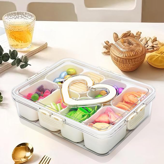 2 Pack Snackle Box Container,snack box-Divided Serving Tray with Lid and Handle with 8 Compartment,Portable Snack Serving Platters Reusable Storae Organizer for Fruits,Nuts,Candy,Party,Picnic