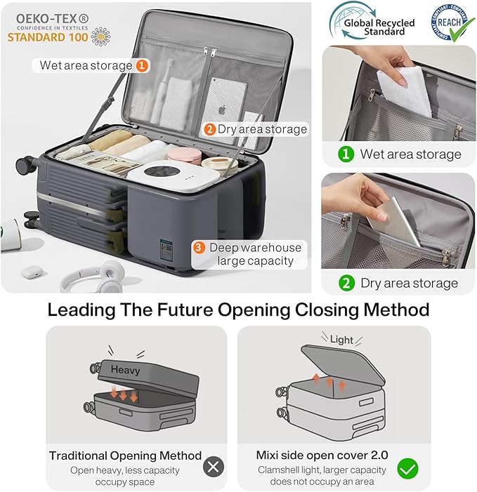 mixi Checked Luggage with Cup Phone Holder and Charger Hard Shell Suitcases with Spinner Wheels, 24 Inch Rock Gray