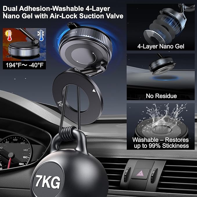 Vacuum Magnetic Suction Phone Holder, Foldable and Retractable Hands-Free Suction Cup Phone Mount for Car/Gym/Mirror/Smooth Surface, Compatible with iPhone & Android (Gel Suction Cup Black)