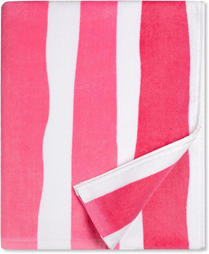 cabanana Large Beach Towel Oversized - Cotton Velour 35 x 70 Inch Pink Striped Terry Pool Towel, Cabana Soft Swimming Towel for Adults Women Men (Pink)
