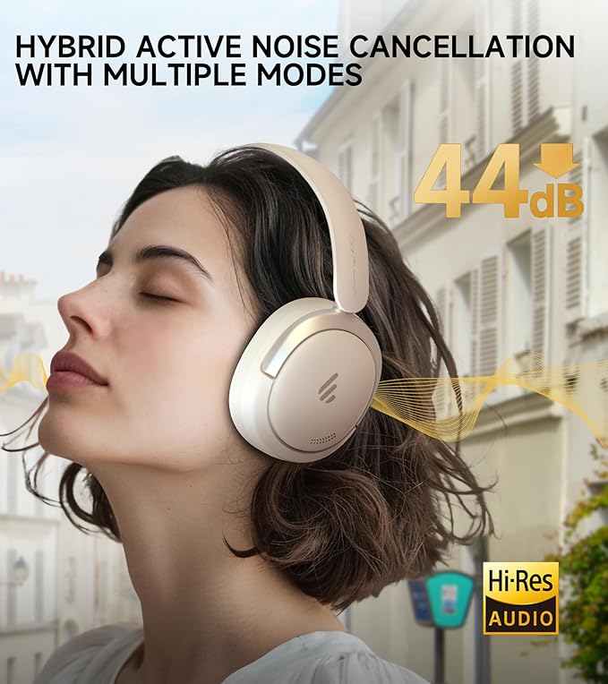Atom Max - Hybrid Active Noise Cancelling Headphones, Hi-Res Audio, Wireless Over-Ear, Foldable, 45H Playtime, Fast Charging, Customize via an App, Bluetooth v5.4, ANC Headphones, White