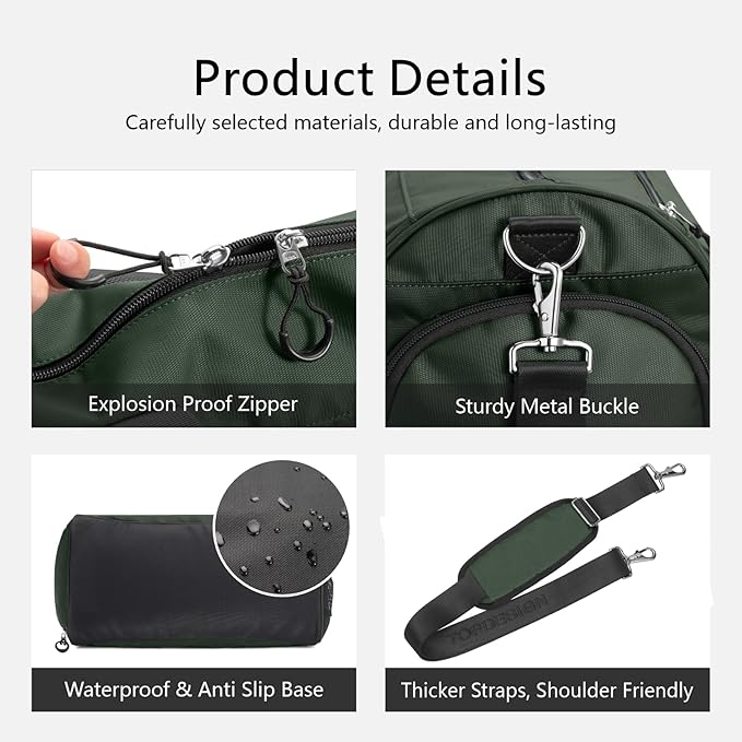 TOPDesign Gym Bag for Women & Men, Unisex Duffel Bag with Shoe Compartment & Wet Pocket for Travel Sports Gym (L Green)