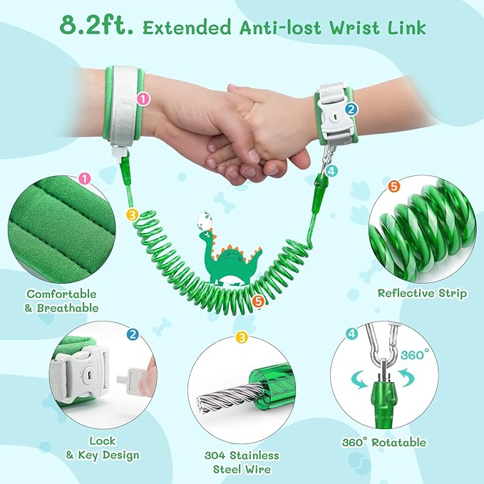 3 in 1 Toddler Harness Leash + 8.2ft Anti Lost Wrist Link, Cute Dinosaur Kids Safety Harness Tether with Key Lock, Child Protective Leashes While Walking for Outdoor Activity Keep Kids Close