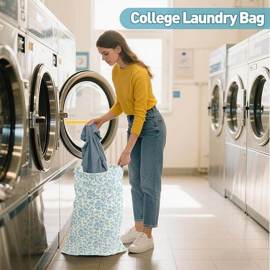 College Laundry Bag, Dirty Clothes Laundry Bag With Drawstring Handles For College Dorm Laundromat Apartment Travel Camp 29" X 18" Women Girls Back To School Birthdays Gift, Blue Florals