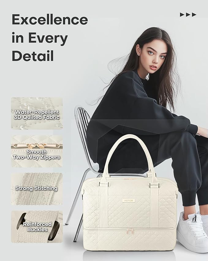 HOTOR Travel Duffel Bag - Weekender Bags for Women, Carry On Overnight Bag with Shoe Compartment, with Toiletry Bag for Travel Essentials and Travel Accessories, Beige, 13.4"×17.3"×7.9"