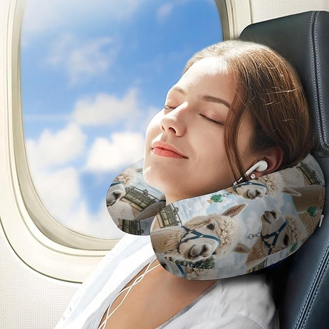 Breathable Travel Pillow Funny Alpaca Memory Foam Chin Support, Removable Washable Cover for Airplane Car Office Sleeping