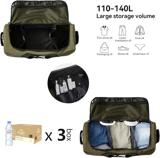 32” 1680D Oxford Foldable Duffle Bag with 2 Wheels,110L to 140L Expandable Soft Sided Rolling Travel Bag,Army Green