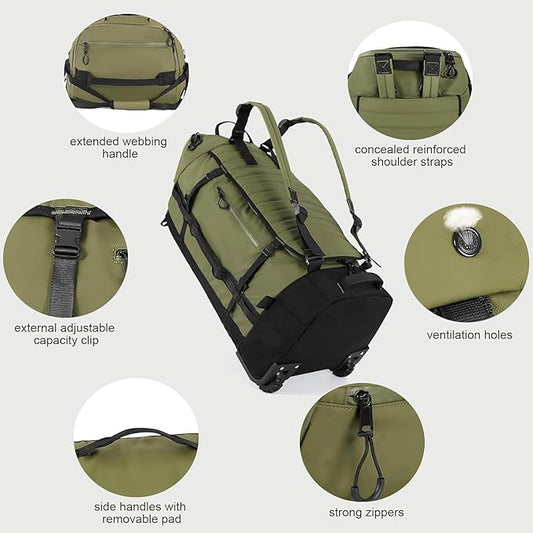 Rolling Duffle Bag with Wheels,86L 30”Folding Duffle Backpack with 2 Wheels,Travel Bag with Separate Shoe Compartment (Green)