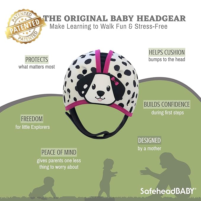 SafeheadBABY Soft Baby Head Protector Helmet for Crawling and Walking 7–24 Months – Ultra-Lightweight & Breathable Infant Safety Helmet That Grows with Your Baby (Head Circ. 40–52 cm) – Dalmatian Pink