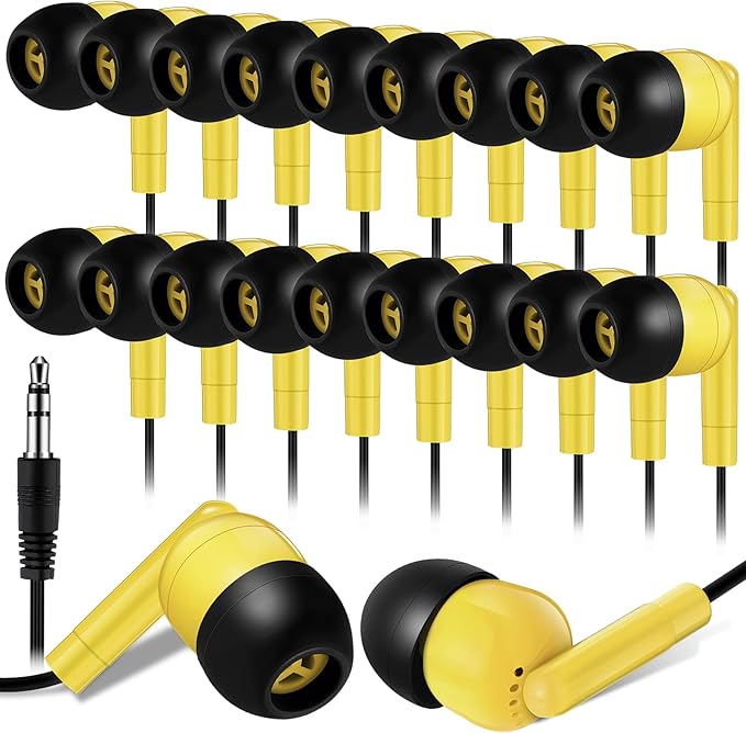 Kanayu 100 Pack Wired Earbuds Bulk for Classroom Ear Headphones Wired Basic Student Earbuds No Microphone with 3.5MM Jack for Class Laptop School Library, Individually Bagged (Yellow)