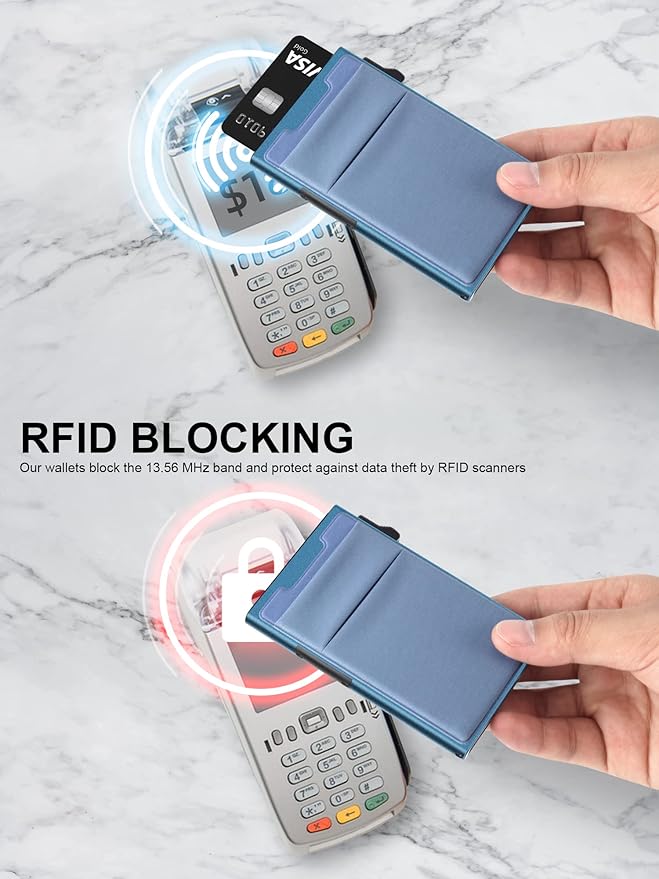 Slim Wallet for Men and Women,Pop Up Credit Card Wallet Metal Minimalist Cards Holder with Money Pocket,Small Ultralight Aluminum RFID Blocking Wallets 6-12 Card Capacity,Navy Blue