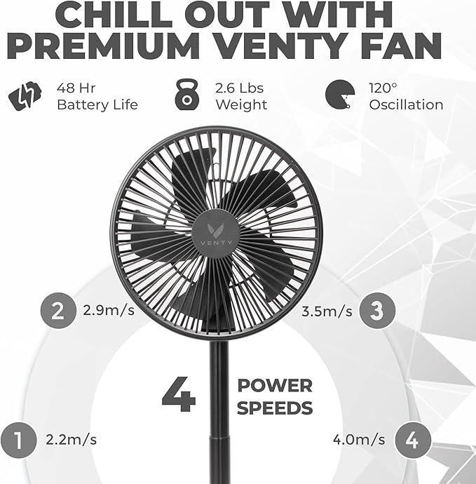 VENTY Portable Fan - Wireless Battery Operated Fan - 4 Speeds - LED Lighting - Carry Case & Remote Control - Cruise Travel - Outdoor Travel RV Power Bank With USB-C Port (Black with Case)