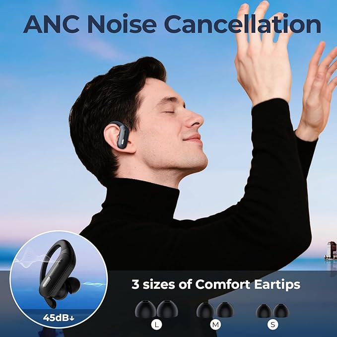 Active Noise Cancelling Wireless Earbuds Bluetooth Headphones 90 Hrs Playtime Ear Buds with Hi-Res Stereo Deep Bass Power Display Earphones with Earhooks Waterproof Transparency Headset for Sports/Gym