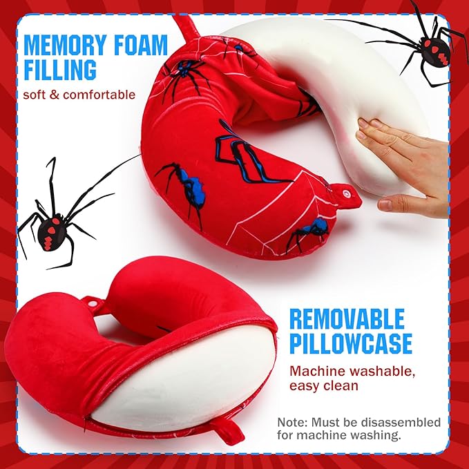 2 Pcs Spider Travel Pillow with Sleep Eye Mask, Cartoon U Shaped Memory Foam Neck Pillow with Washable Cover, Soft Comfortable Head Support Travel Accessories for Airplane Car Train Bus Trips