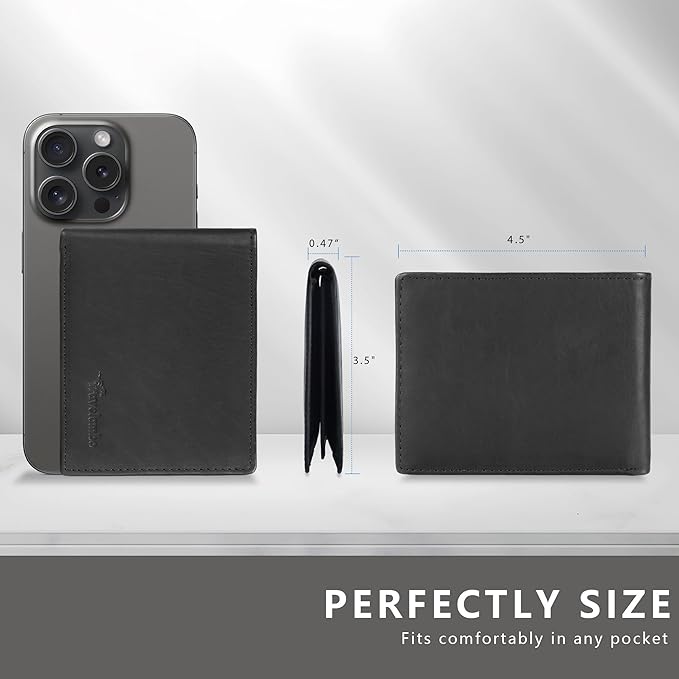 Travelambo Genuine Leather Wallet for Men with Gift Box - Handmade Bifold Stylish - Mens Wallets Rfid Blocking with 2 ID Windows