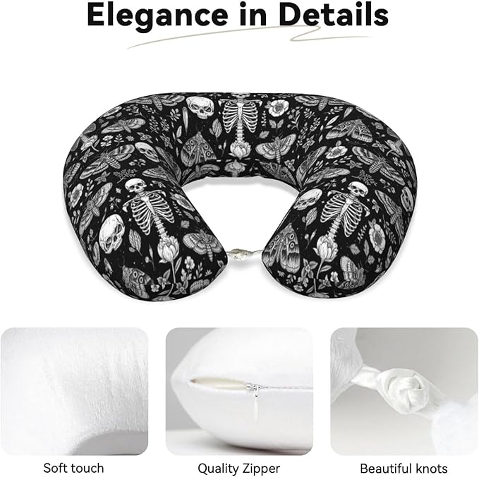 Breathable Neck Pillow for Sleeping Rest Nap Goth Skull Head Board Witch Black Art, Airplanes/Car/Home Memory Foam Travel Cushion with Polyester Cover Washable for Women Men