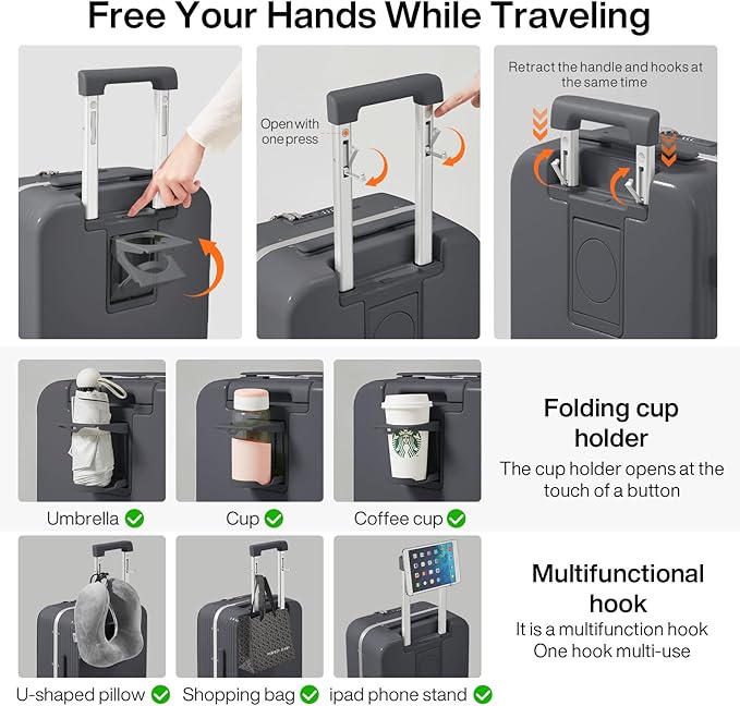 mixi Large Checked Luggage with Cup Phone Holder and Charger Hard Shell Suitcases with Spinner Wheels, 26 Inch Rock Gray