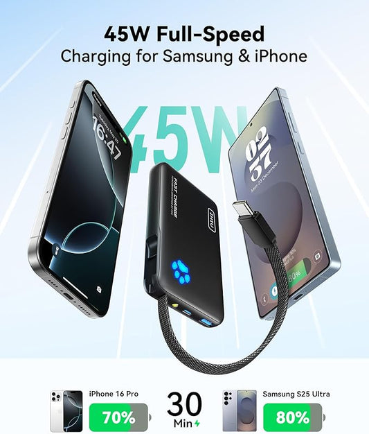 INIU 45W Power Bank, Fast Charging Portable Charger with Built-in USB C Cable, 10000mAh Small Type C Powerbank, Battery Pack for iPhone 17 16 15 14, iPad, Samsung S25 S24 etc Travel Camping Essentials