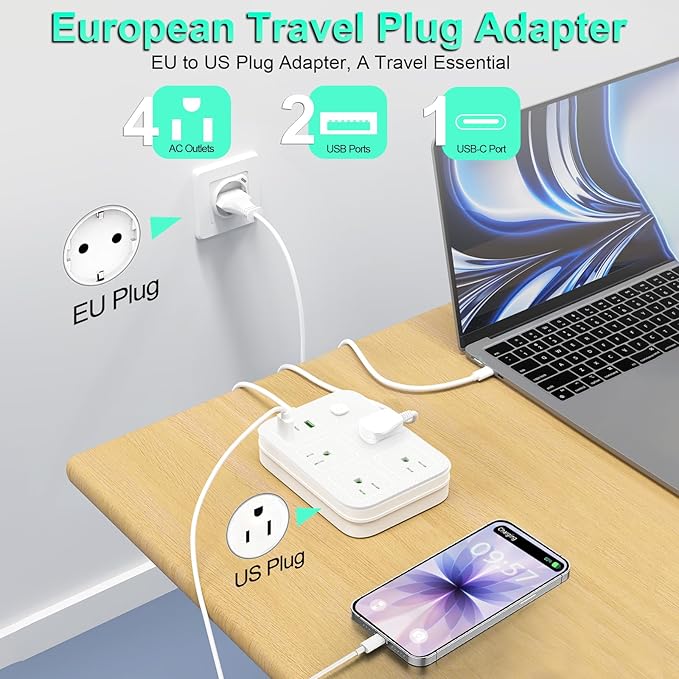 European Travel Plug Adapter, European Power Strip with 4 AC Outlets 1 USB C and 2 USB Ports, Europe to US Plug Adapter Type C for EU Germany France Spain Italy Travel (3ft)