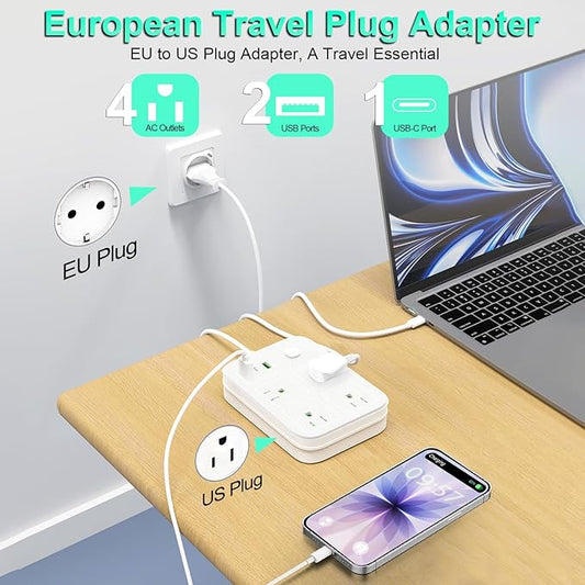European Travel Plug Adapter, European Power Strip with 4 AC Outlets 1 USB C and 2 USB Ports, Europe to US Plug Adapter Type C for EU Germany France Spain Italy Travel (3ft)