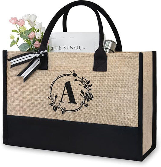 TOPDesign Personalized Initial Canvas Beach Bag, Monogrammed Gift Tote Bag for Women