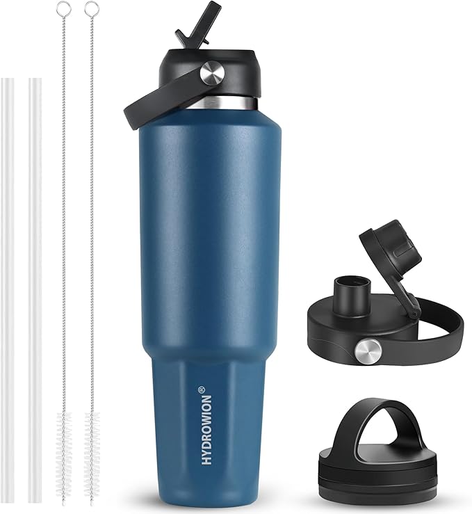 HYDROWION 40 oz Insulated Water Bottle, Car Water Bottle Holder - Double Wall Vacuum Insulated Travel Bottle with Straw Lid, Spout Lid and Flex Cap - Cold for 24H, Hot for 12H, Cobalt