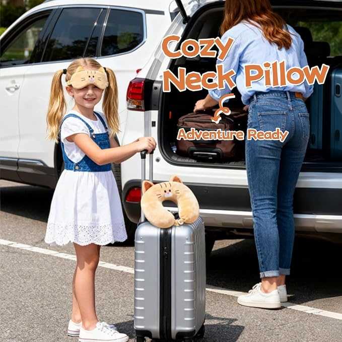 Kids Neck Pillow for Travel with Sleep Eye Mask, Cute Travel Neck Pillow, Memory Foam Flight Sleeping Headrest Pillow for Boys & Girls, Airplane, Train, Car, Home Use - Ginger Cat