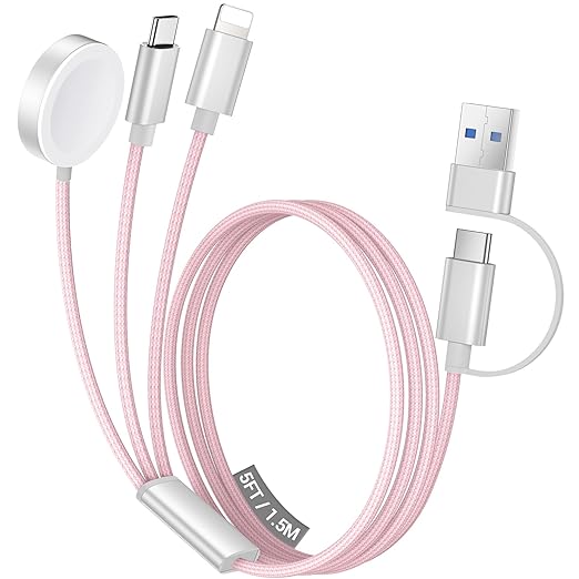 Temdan for Travel Vacation Essentials,3 in 2 USB C Cable for Apple Watch Charger/iPhone 17 Charger/Lightning,Multi Charging Cable Cord,Camping Essentials,Designed for iWatch &iPhone 16-12-5FT Pink