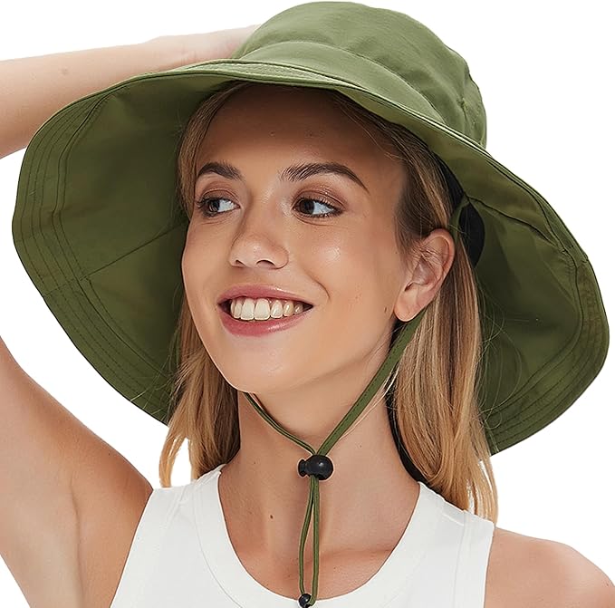 Sun Hats for Women Men UV Protection Wide Brim Bucket Hat with Ponytail Hole Waterproof Gardening Fold-Up Summer Cap