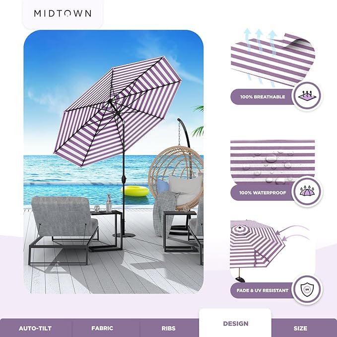 Midtown Umbrellas 10-Year-No-Fade - 6 Ft - UV Proof Purple/White Stripe Fabric - Umbrella Outdoor Patio, Auto-Tilt Aluminum Frame Large Patio Umbrella for Garden, Pool & Deck - Black Pole