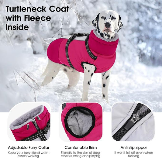 SUNFURA Large Dog Coat with Harness Built in, Warm Dog Jacket Waterproof Pet Winter Coat Snowsuit for Cold Weather, Reflective Fleece Jacket for Large Dogs, Border Collie, Hot Pink XL