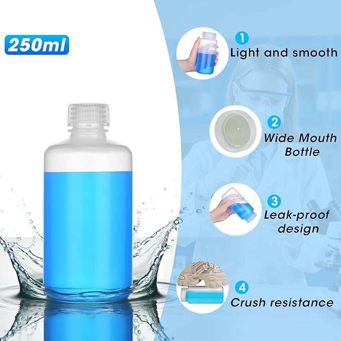 8oz/250ml Plastic Sample Bottles with caps, Wide Mouth Reagent Bottle with Lids Leak Proof Containers Water Sample Bottles for Laboratories, Travel(5Pcs)