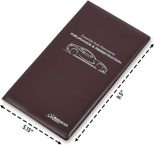 Andalus Auto Registration & Insurance Card Holder Pack of 2, Waterproof Essential Car Registration Holder with Hook & Velcro Closure, Perfect for Every Vehicles Glove Boxes (Brown - 9.5" x 5.15")