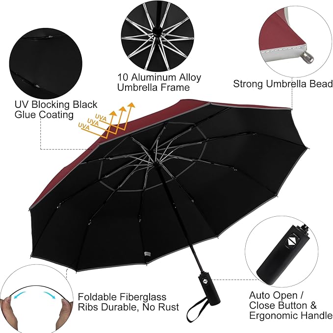 Satol Extra Large Golf Umbrella, 46/54/62 Inch Windproof 10 Ribs Vented Double Canopy Reflective Strips Automatic Open/Close Waterproof UV Protection Portable Compact Umbrella for Outdoor & Travel