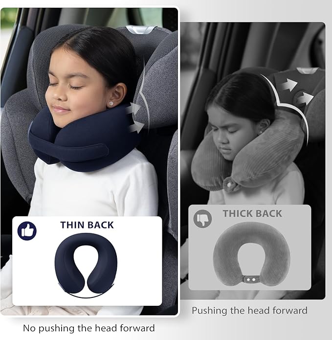 Car Pillow for Big Kids Travel Neck Pillows, Memory Foam Neck Support Travelling Pillow with Washable Cotton Pillowcases and Storage Bag, for Airplane, Train, Flight and Home Use Blue