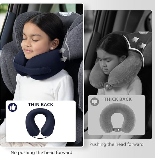 Car Pillow for Big Kids Travel Neck Pillows, Memory Foam Neck Support Travelling Pillow with Washable Cotton Pillowcases and Storage Bag, for Airplane, Train, Flight and Home Use Blue