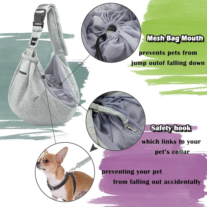 NATUYA Pet Dog Sling Carrier - Breathable Mesh Travel Safe Sling Bag Carrier for Dogs Cats-Hands Free Pet Bag-Buckle net Pocket pet Bag (Grey)