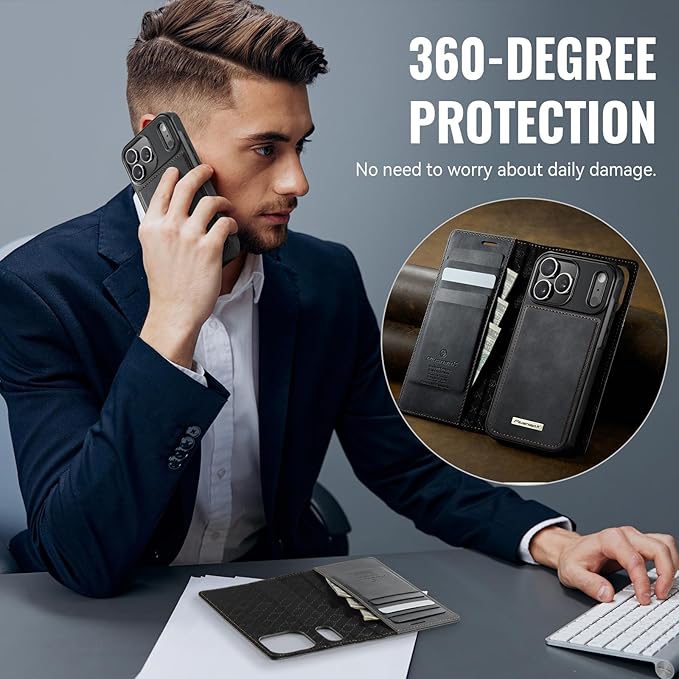 PlusnapX Wallet Case for iPhone 17 Pro Compatible with Magsafe, 2-in-1 PU Leather Flip RFID Blocking Card Holder Stand Shockproof Magnetic Detachable Cover for iPhone 17 Pro Case 6.3", Black
