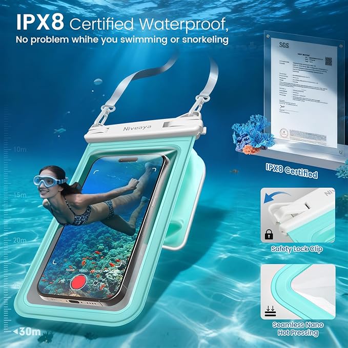Niveaya 2 Pack IPX8 Waterproof Phone Pouch, Large Space Cell Phone Pouch Floating, Water Proof Phone Case with Lanyard, Phone Dry Bag Beach Cruise Ship Essentials(Up to 8.5")