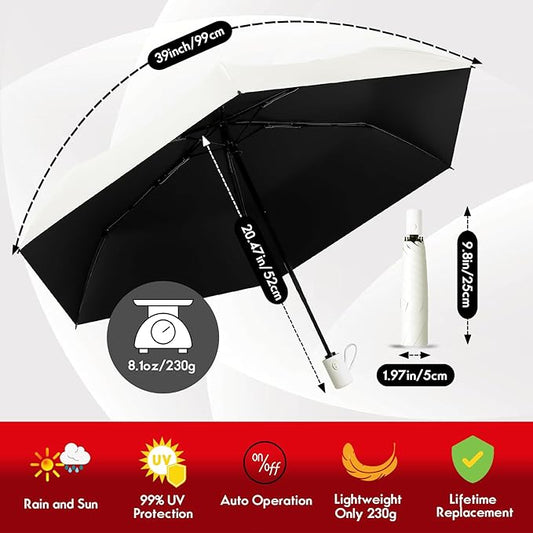 Auto Open Close Umbrella - Ultra Light Compact Travel & Backpack Size for Women and Men, UPF 50+ Eco-Friendly Sun Protection & Windproof Rain Umbrella with UV Defense