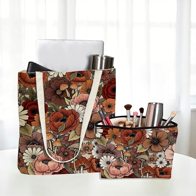 Flower Plant Lover Gifts for Women Canvas Tote Bag with Makeup Bag Cosmetic Bags Grocery Bags for Shopping Christmas