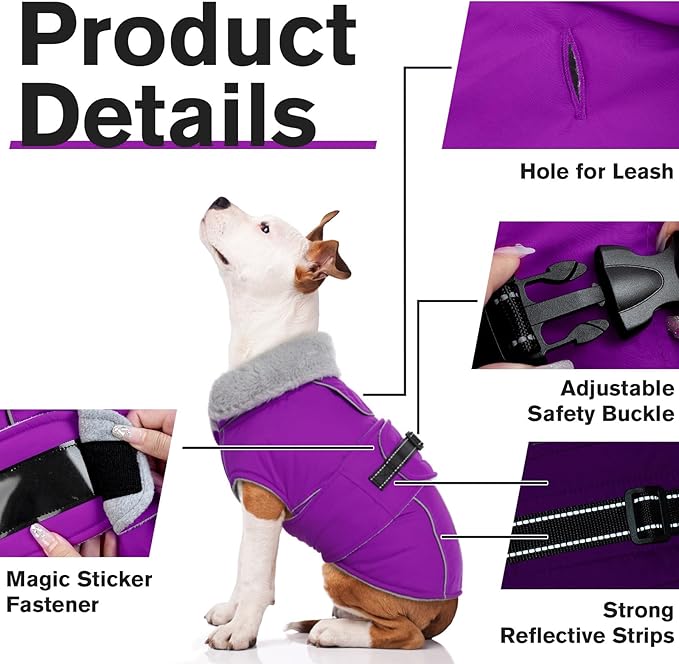 Lelepet Warm Dog Winter Coats for Extra Large Dogs Waterproof Dog Jacket Reflective Pet Fleece Vest Windproof Cold Weather Coats with Adjustable Buckle & Leash Hole, Purple, XXXL